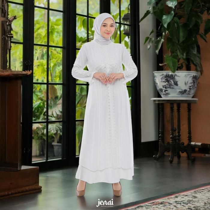 JENAI Abaya Putih Kekinian dengan Detail Renda Elegan dan Lengan Panjang - Gamis Putih Modern untuk 
