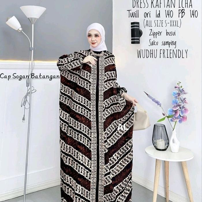 DRESS KAFTAN ICHA Twill Ory LD 140 PB 140 Cap Sogan Batangan Zipper Busui Saku Samping Wudhu Friendl
