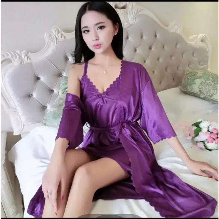 Ready (COD) Pakaian malam | Baju Malam BAJU TIDUR KIMONO LINGGERIE SEXI 2IN1 JUMBO SATIN IMPORT