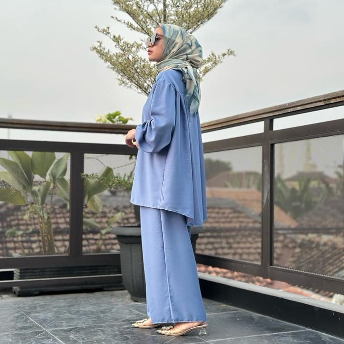 Ravina Setelan Rayon Twill Wanita Kekinian Baju Gamis & Celana Panjang Nyaman Ukuran Standar hingga 