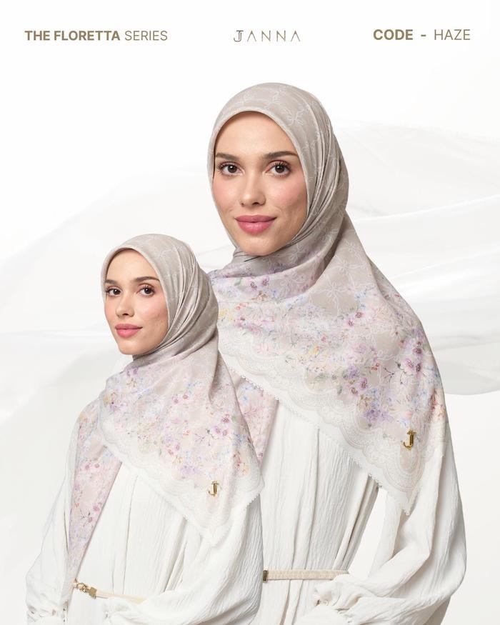 JANNA The Floretta Series Premium Printing Scarf Hijab Segi Empat Motif Mewah Cantik Lembut Pin Logo