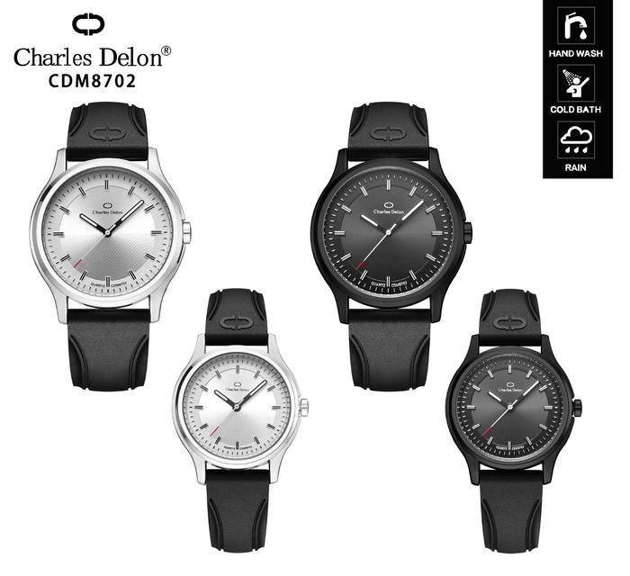 CUCI GUDANG Charles Delon Jam Tangan Karet Couple CDM-CDW 8702 Analog Santai Tahan Air Black-White &