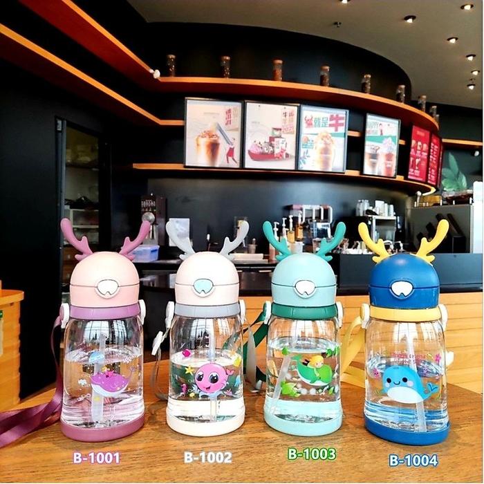 Botol Minum Anak Kepala Rusa 550ml Sedotan Tali Natal Christmas Tanduk