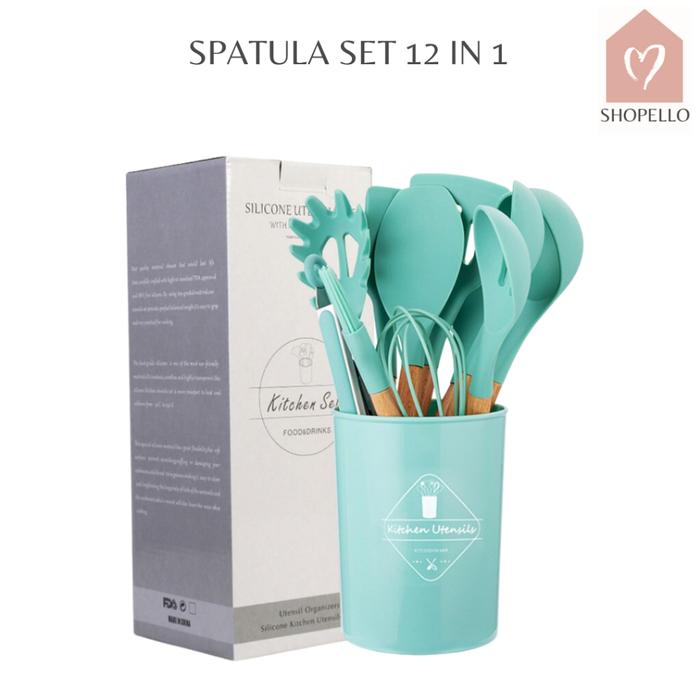 Shopello Spatula Silikon Set 12 Peralatan Masak Sutil Silikon Tahan Panas Anti Lengket