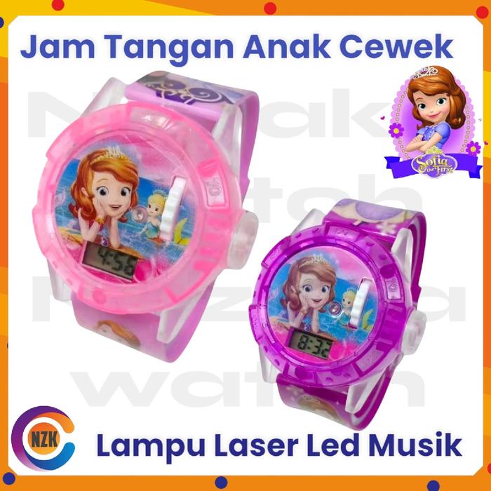 jam tangan Fashion anak perempuan Sofia lampu proyektor laser Led musik