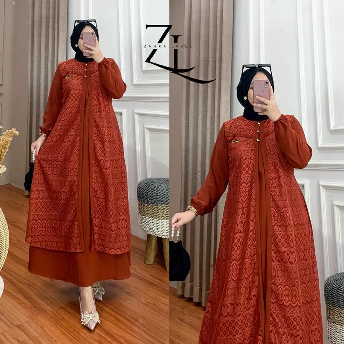 Gamis Nara Crincle Airflow Muslim mix Brokat Malika - Geka Collection Crinkle Dress Panjang Formal W