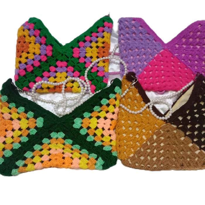 tas rajut benang wol double motif segitiga part05 #selempang #wanita
