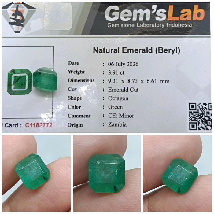 Natural Emerald Beryl Zambia 3,9ct memo GLI Zamrud Kristal minus