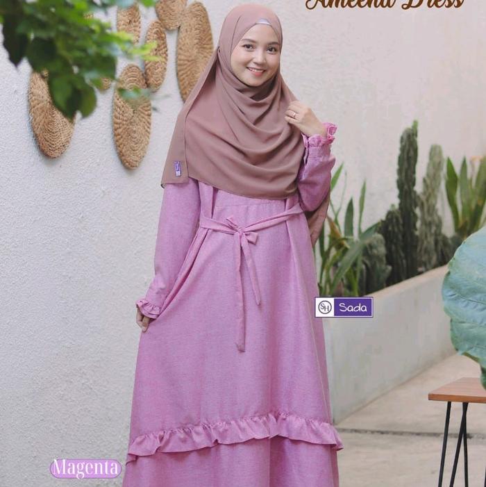 Baju Wanita Ameena Dress Ori by Sada Hijab dengan Bahan Katun Madinah Fodu - Muslim, Lembut, Gamis, 