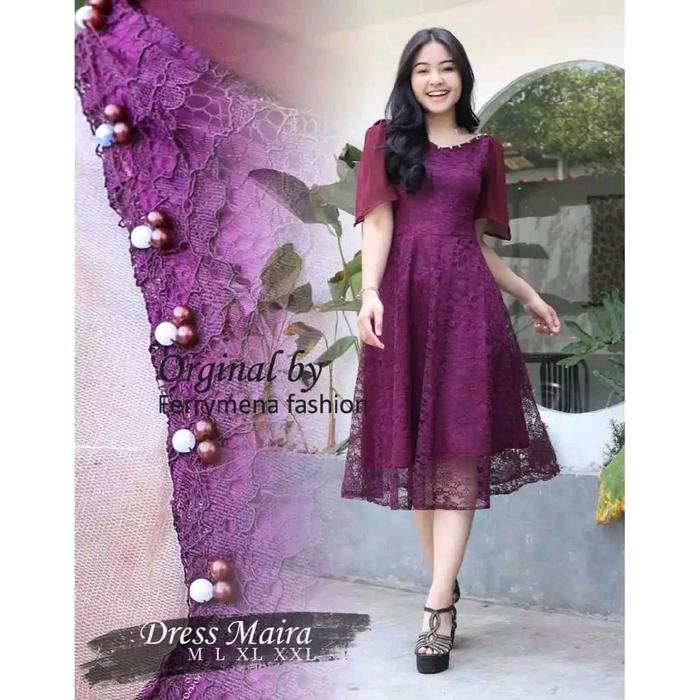 Dress Brokat Maira Model Terbaru / Midi Dress Wanita Modern / Dress Pesta Terlaris