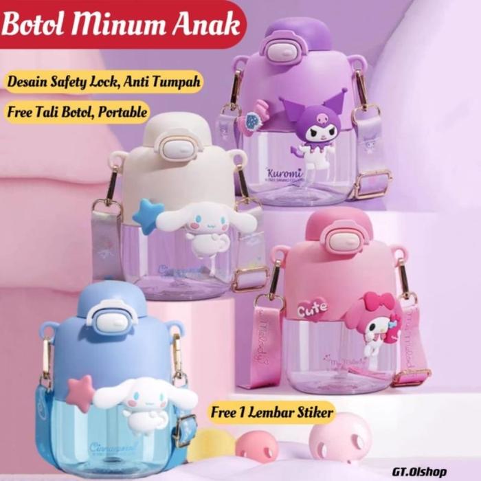 Botol Minum Gemoy Sanrio FREE STIKER LUCU Tempat Minum Motif Cinnnamoroll Kuromi Melody JUMBO Tali -
