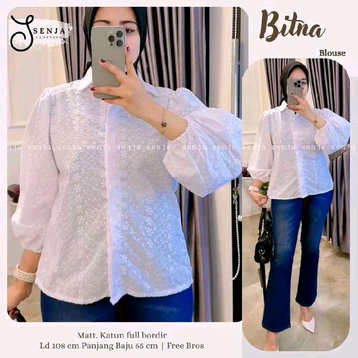 (BONUS BROSS) - Bitna blus polos bordir putih Wanita Atasan Top Baju Cewek Kancing Katun Kerja