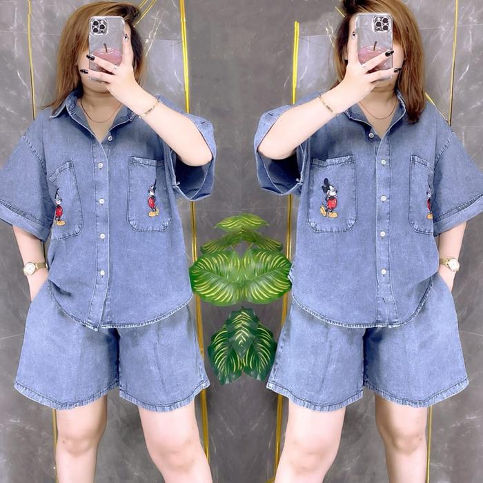 NEW SETELAN HP KEMEJA JEANS BORDIR SAKU MICKEY LD124 WANITA|ONE SET CELANA PENDEK|SETELAN DENIM|ONE