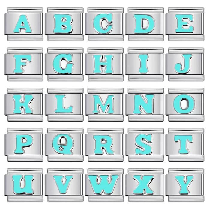 [HURUF Biru Terang] Italian Bracelet Charm Letters Alphabet Base Silver Black Silver Stainless italy