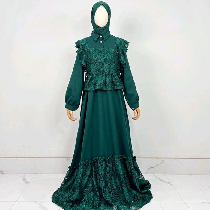 Gamis Marissa Rompi Brokat Kombinasi Creepes Baju Muslim Panjang Wanita