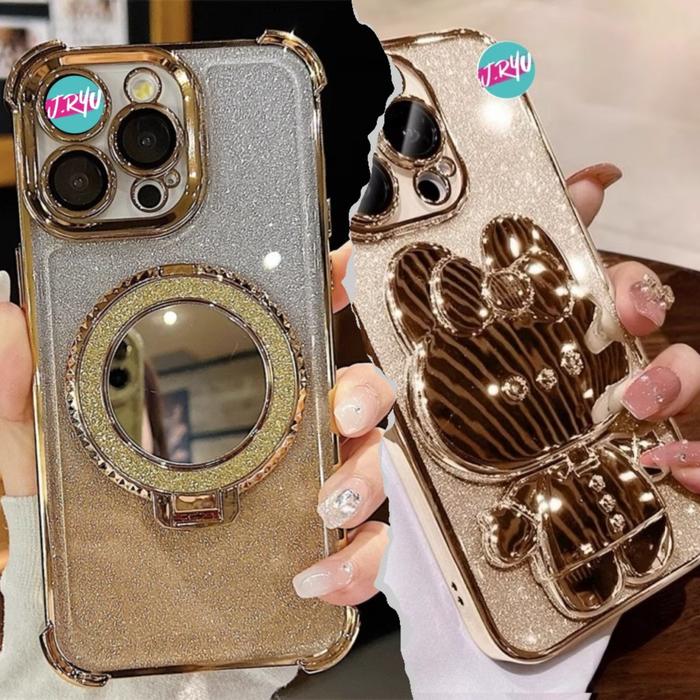JRYU OPPO Mirror Gold Bunny Gold With Stand Holder Softcase Oppo A5X A5i RENO 14 F A3X A3 PRO A5 PRO