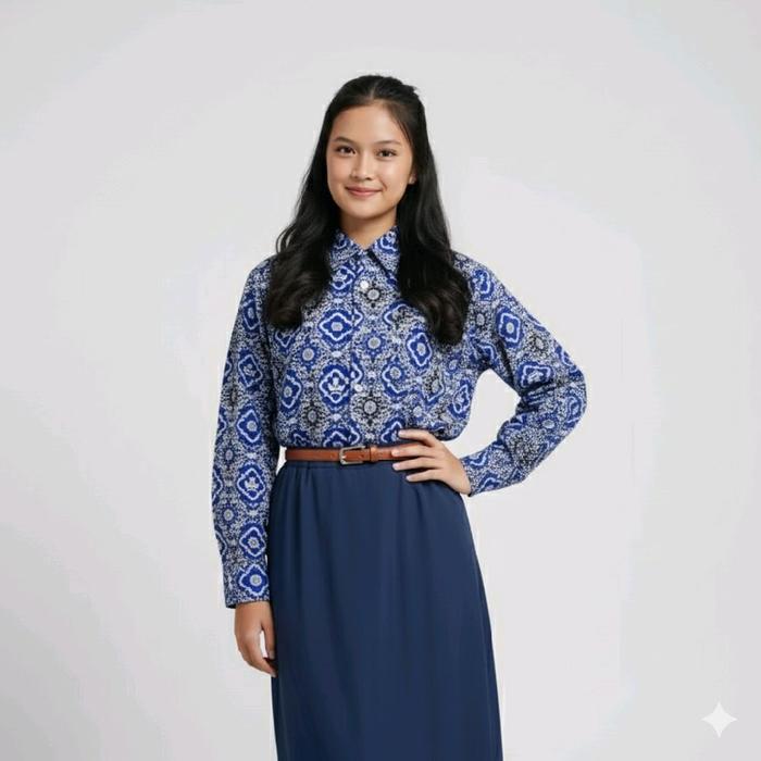 Baju Batik SMP Tunas Harapan Biru Lengan Panjang Atasan Seragam Sekolah