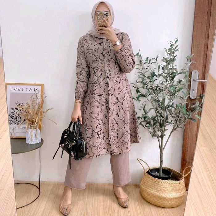 SET TUNIK DELLA KEKINIAN - SETELAN TUNIK RAYON PREMIUM BUSUI KANCING - SET TUNIK CELANA KRINGKLE PRE