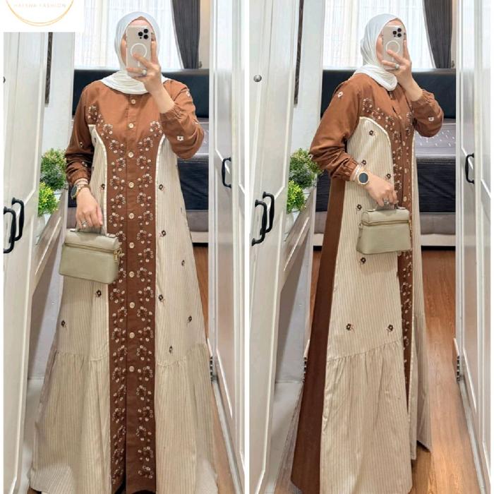 Gamis Syafa Katun Yukato Kombinasi Motif Bunga Bordir Busui Friendly by Semut Original