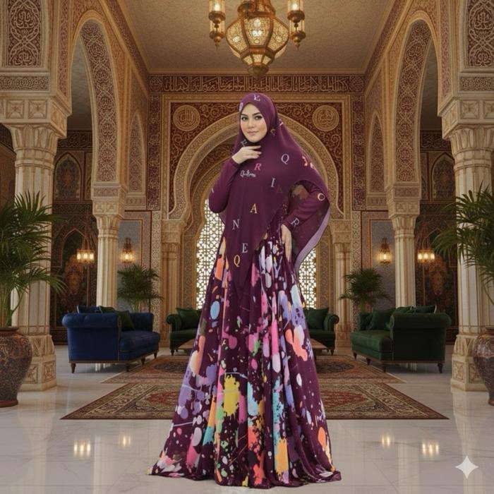 ANNYA BAJU GAMIS SET SYARI QAIREENA dengan Desain Bunga Warna-warni dan Hijab Syari untuk Tampilan E
