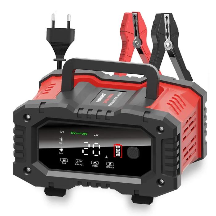 FOXSUR Portable 20A 12V-24V Smart Battery Charger for Motorcycle Car Battery Repair Auto Moto Lead A