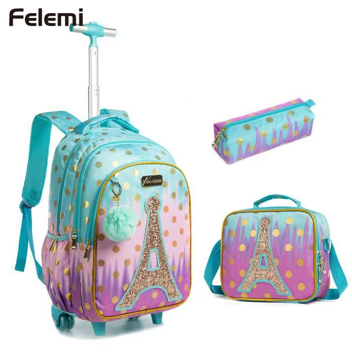 Children School Bags For Girls With Wheels Trolley Bag with Lunch Bag