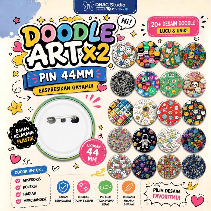 DOODLE ART  X2 - Pin Custom 44mm Desain Sendiri | 20+ Pilihan Desain Gratis | Cetak Foto Logo Nama S