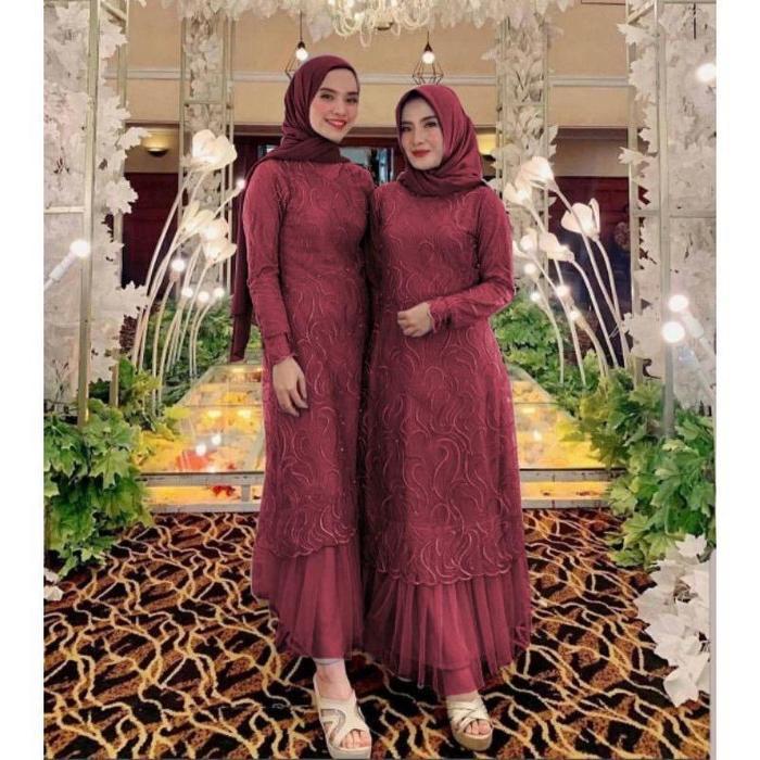 Gamis Pesta Brukat Tile Kondangan Seragam Wanita  Fashion Muslim - Size M L Xl Jumbo Kain Kombinasi 