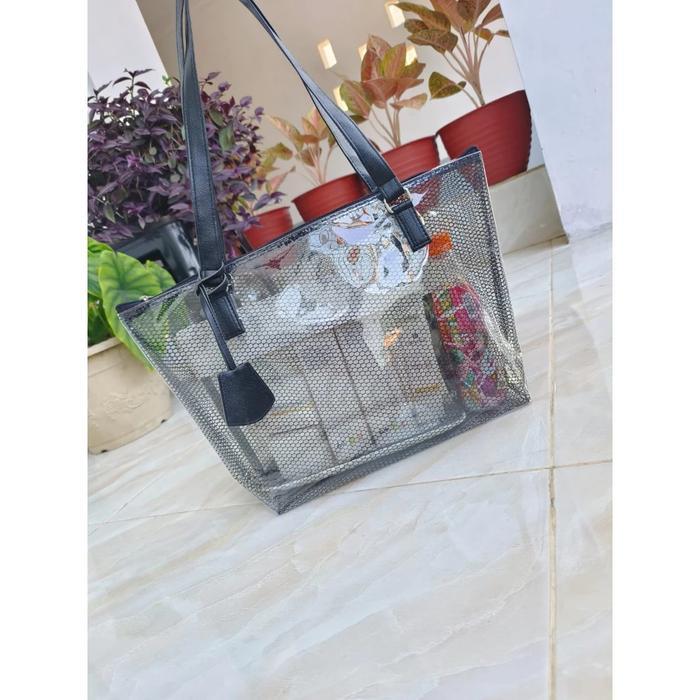 premium Tote mika pvc transparan tote mika jaring tote