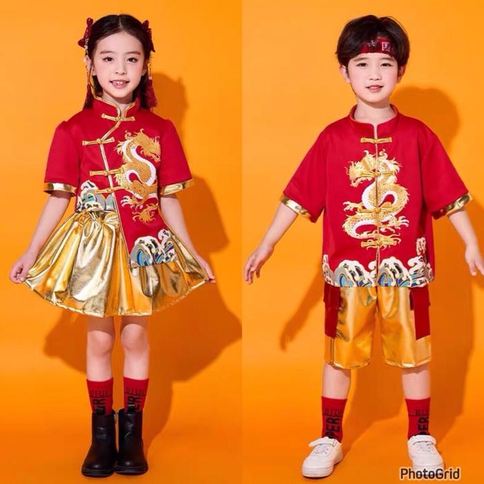 Setelan cheongsam red gold 3430 anak perempuan baju pendek - setelan cheongsam red gold 3431 anak la