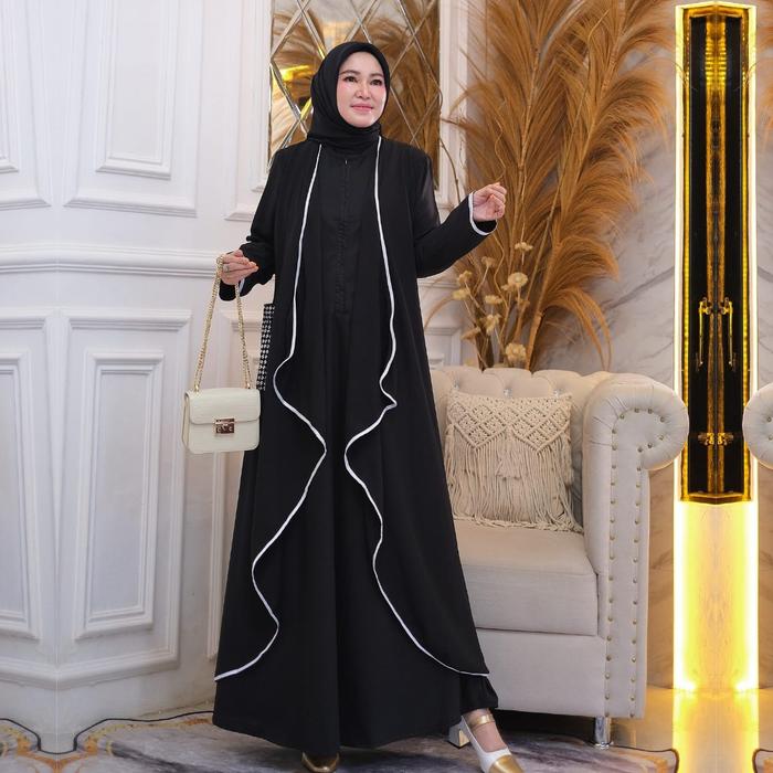 Khanzalia Fashion Azzahra Outer Set Gamis Hitam Set Inner Outer Kombinasi Kain Batik Elegan Syar'i D