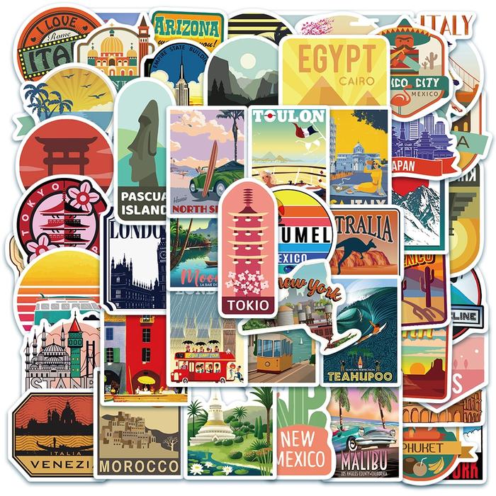 [50PCS]Stiker Aesthetic Pack Pemandangan Kota Perjalanan Global Decal Stiker Anti Air- Sticker Buku 