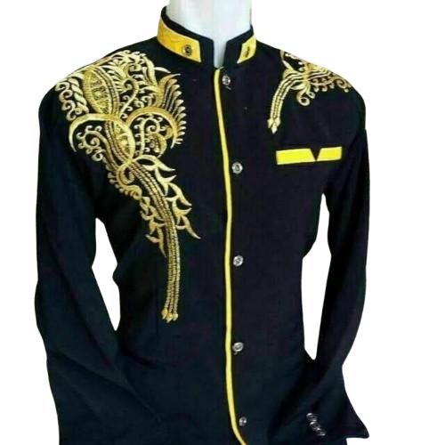 Jasko Bordir Dewasa Warna Hitam Lis Kuning Lengan Panjang Bahan High Twis Koko Muslim Baju Pria Katu