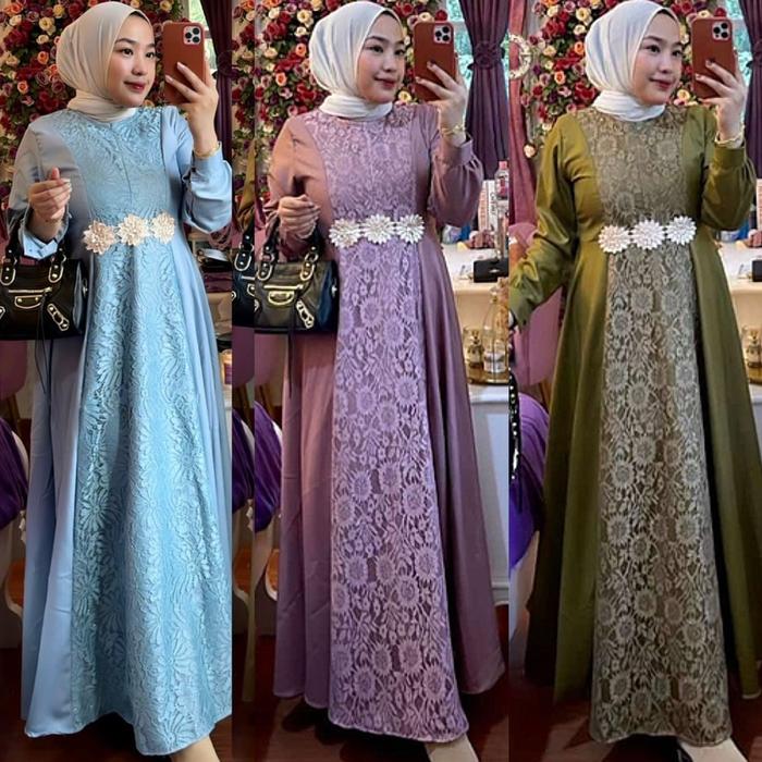 BANGKOK AZALIA DRESS GAMIS BUSUI SUPER LEBAR TOYOBO MIX LACE BRUKAT BORDIR BUNGA MEWAH FORMAL