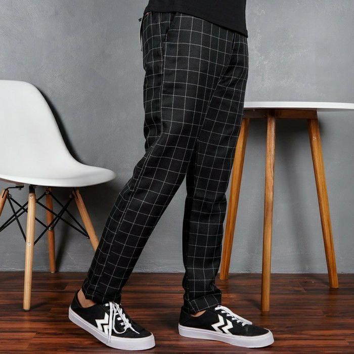 Celana Chino Tartan Pria Ankle Pants Motif Kotak Kotak Panjang Cowok Salur Model Korea Slim Fit
