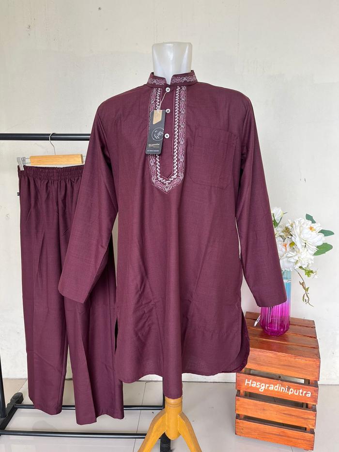 Hasgradini Koko Stelan bordir Lengan panjang Gamis Pria Setelan / Kurtah Pakistan Motif Bordir Baju 