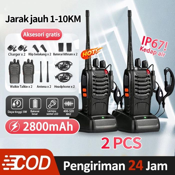 Walkie Talkie Jarak Jauh 10km(Max) 2800mAH HT Wlan UHF 2 Units Handy Talky Waterproof Portable With 