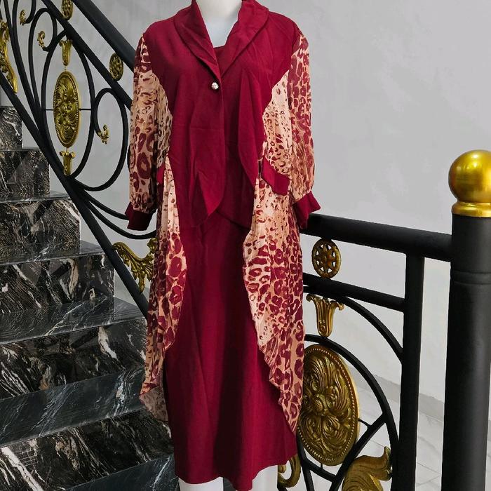 Set Outer Dress wanita lengan Motif Leopard
