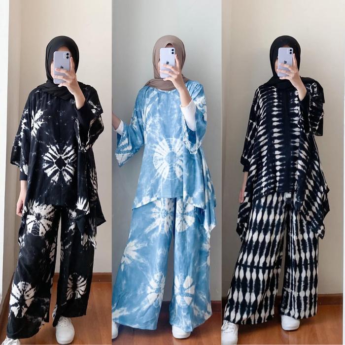 Setelan Waka Shibori Handmade Bahan Rayon Halus Premium Oneset Batwing Trendy