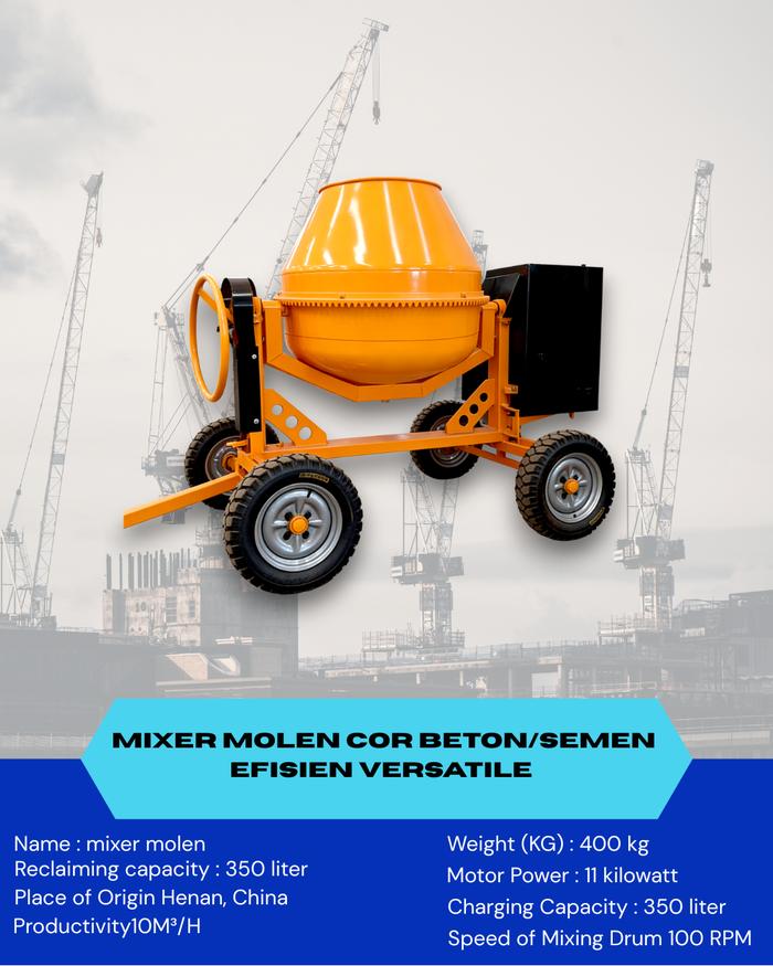 Mixer Molen Cor Beton/Semen Efisien Versatile Mudah Dibersihkan Kapasitas 15M³/jam Motor 4KW/Bensin 