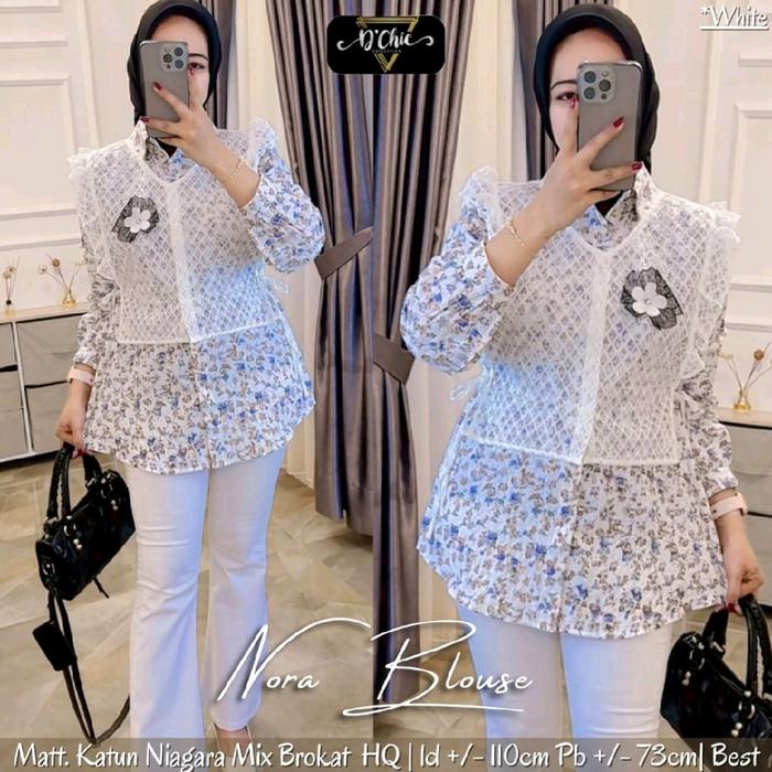 Nora Blouse Atasan Wanita Mix Brokat Motif Lengan Panjang Baju Casual Oversize Linen Top Variasi Cro