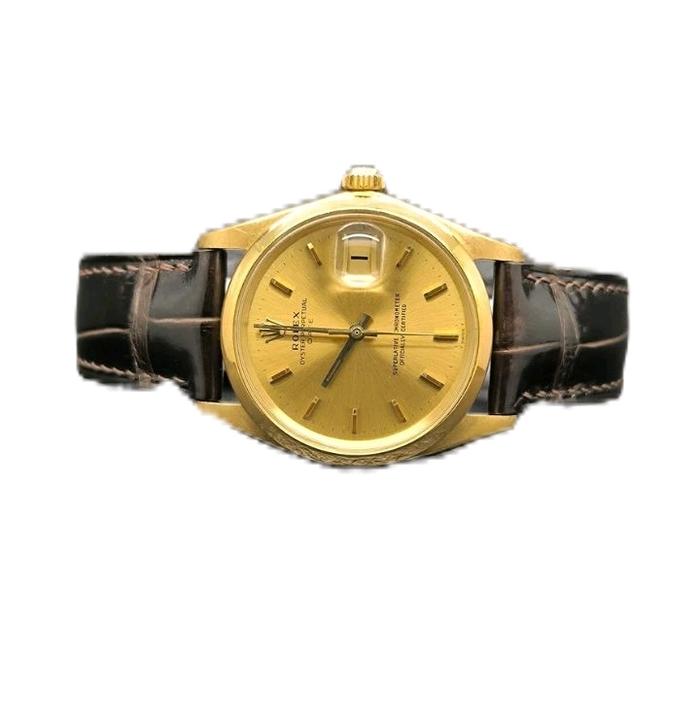 Rolex Jam Tangan Pria Gold Tone dengan Tali Kulit Hitam Elegan dan Mewah untuk Penampilan Mewah