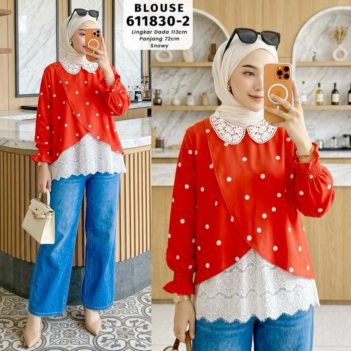 Blouse Wanita Ruby Polkadot Lace Merah Putih| Atasan Cantik Detail Lace Putih | LD 113