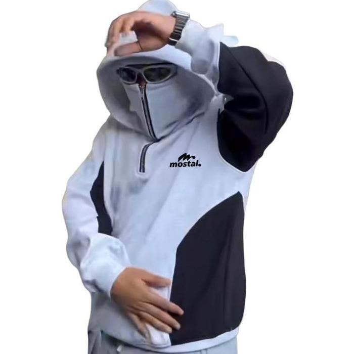 Mostal Jaket Hoodie Balaclava Half Zipper Ninja Pria Wanita Pull Hantag Fleece Tebal Motif Full Polo