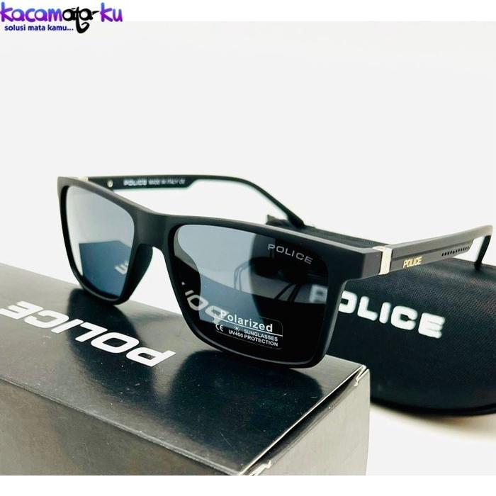 Kacamata Sun Glasses Hitam Pria POLICE Square Lensa Polarized ANTI SILAU OUTDOOR INDOOR FRAME FIBER 