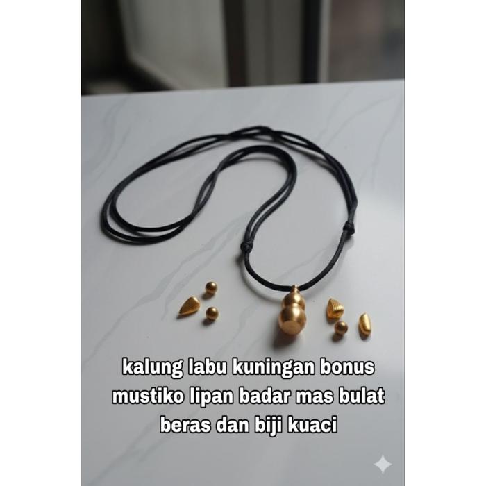 kalung pendant labu kuningan bonus badar mas bulat dan biji kuaci tali hitam