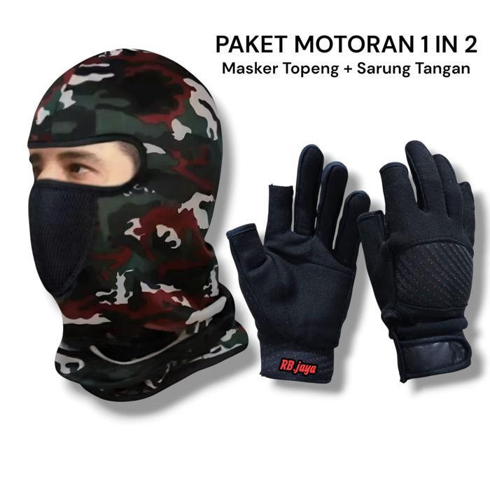 Paket Motoran 1 Set Sarung Tangan & Balaclava Pria Anti Angin Dingin Perlindungan Lengkap untuk Moto