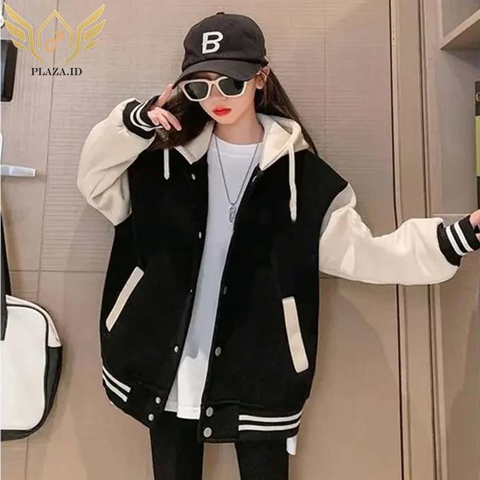 Jaket Varsity Jaket Baseball Cewek Cowok Jaket Berkancing hitam putih Hoodie Korean Style Bahan Flee