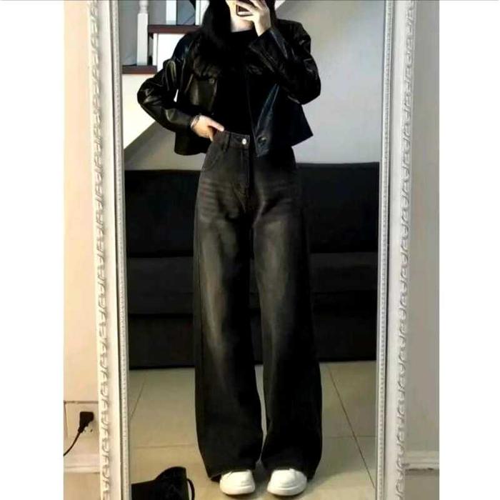 Celana Panjang Wanita Jeans Pants Korean Style Gombrang Warna Hitam Wisker Tebal & Nyaman Celana GON