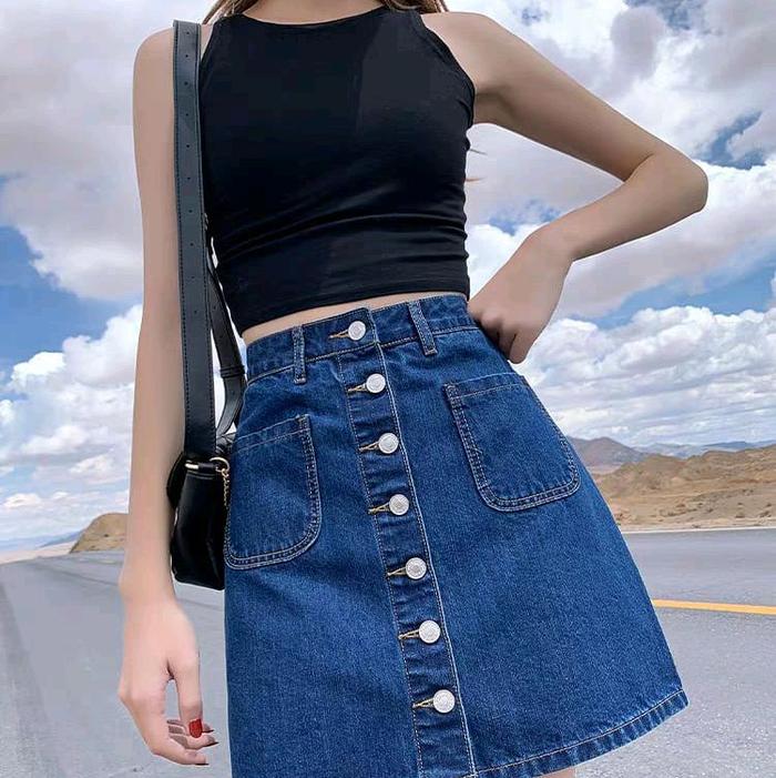 rok jeans dewasa belah tengah kancing aktif